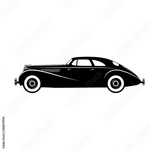 Sleek vintage black coupe car with white wall tires classic automobile side profile illustration.