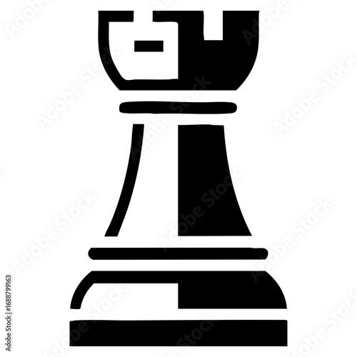 Stylized black and white logo of a rook piece designed with geometric lines
