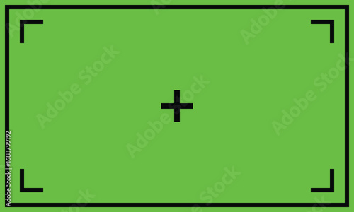 Green screen with frame markers and center cross, ideal for chromakey, video production, photography, and post-production editing.