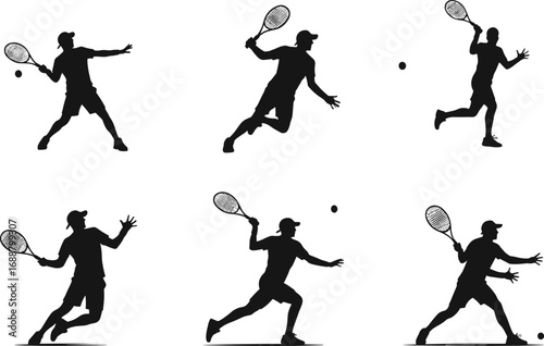 Tennis player silhouette vector, dynamic racket pose, black figure illustration, athletic movement, ball interaction, sports action concept, editable design, match technique art