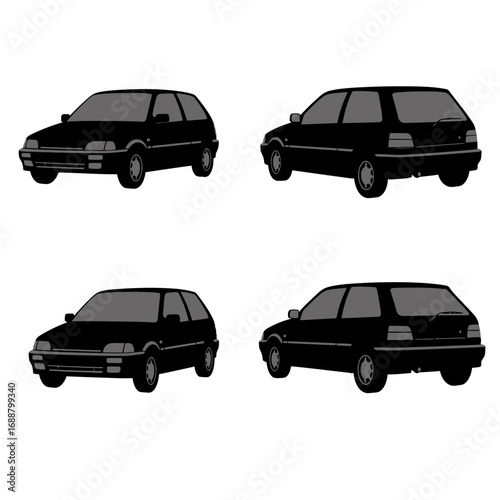 Vector Illustration of a Black Hatchback Car in Multiple Perspectives 1.