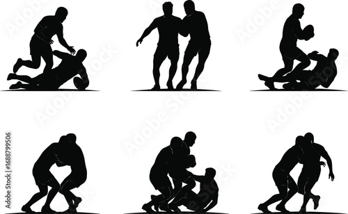 Wrestling silhouettes, grappling techniques vector, combat sport illustration, martial arts movement, takedown positions, black icons, physical interaction, training concept