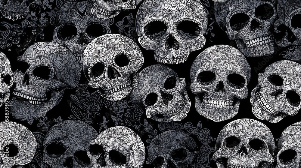 Fototapeta premium Multiple skulls are displayed with detailed, artistic patterns, showcasing intricate designs in black and gray tones. The arrangement creates a captivating and unique visual effect.