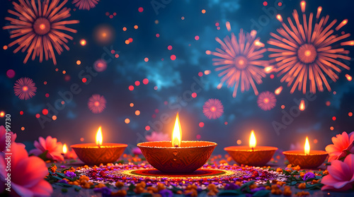  Glowing Diyas with a Fireworks Display
