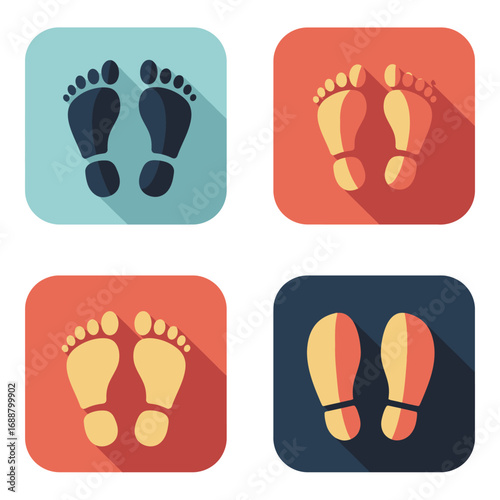 Set of four stylized flat design icons representing footprints and shoe prints on colored backgrounds