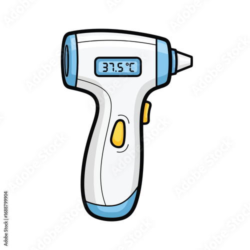 A cartoon illustration of a white and blue digital ear thermometer displaying 37.5 degrees Celsius, used for measuring body temperature.