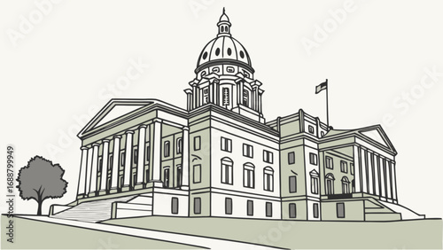 Capitol building illustration of government architecture and historical landmark with dome and flag design