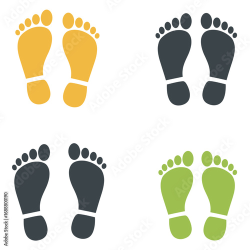 Collection of four distinct pairs of stylized footprint icons in different colors on a white background