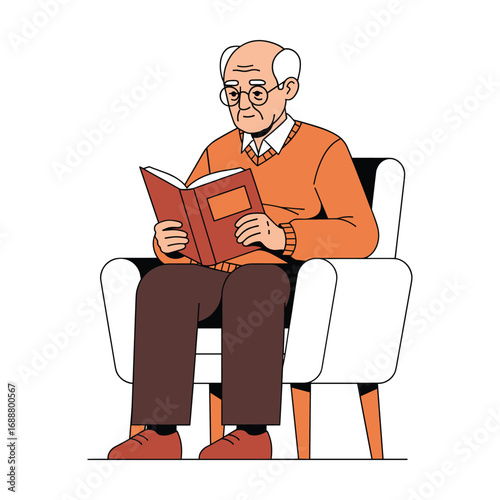Senior Man Reading Book in Armchair, Calm Peaceful Illustration
