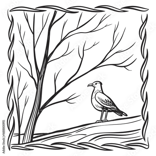 Serene Seagull Illustration: A detailed monochrome illustration captures a tranquil scene, showcasing a solitary seagull perched gracefully on a branch against a backdrop of delicate tree branches.