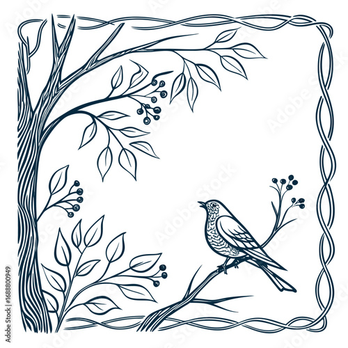 Nature's Serenade: An elegant and stylized drawing captures a bird perched on a branch, serenading amidst a backdrop of intricate foliage and a delicate frame.