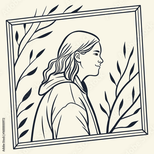 Embracing Nature's Frame: A gentle monochrome illustration unveils a serene portrait of a person framed by organic elements, such as leaves and branches
