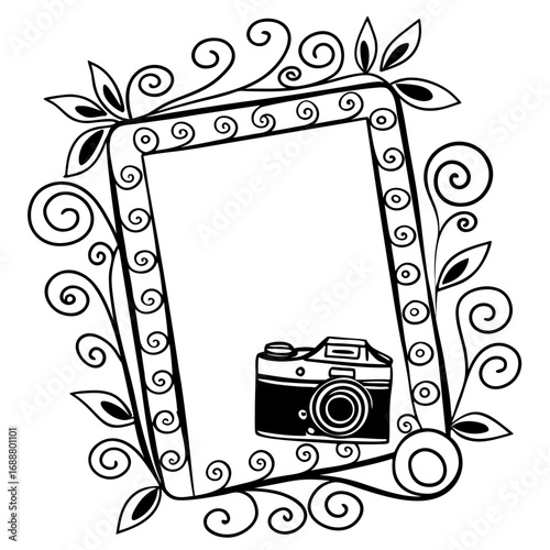 Artistic Camera Frame: A black and white illustration showcases a detailed frame adorned with decorative swirls and foliage, beautifully enclosing a classic camera design.