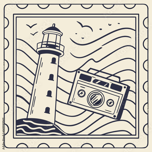 Coastal Vista: A captivating illustration of a lighthouse perched on a rocky outcropping, accompanied by an antique camera against a backdrop of stylized waves and soaring birds.