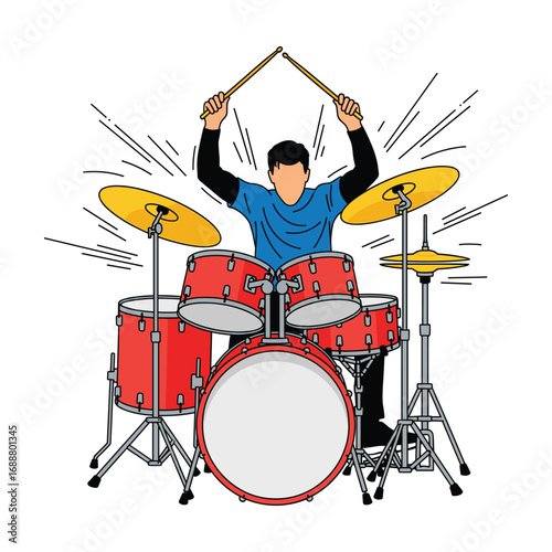 Energetic Drummer Playing Red Drum Kit, Line Art Style, Music Illustration