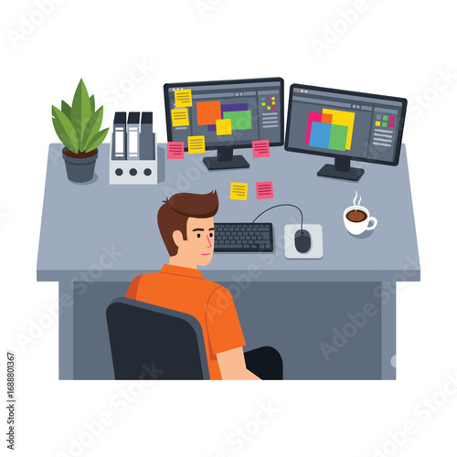 Focused Graphic Designer Working at Modern Desk with Dual Monitors