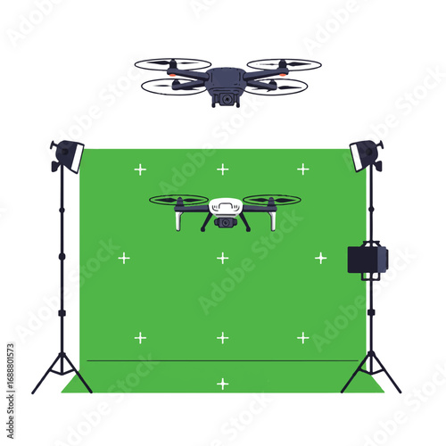 Vector illustration of drones being filmed in a studio with a green screen and lighting equipment for special effects.