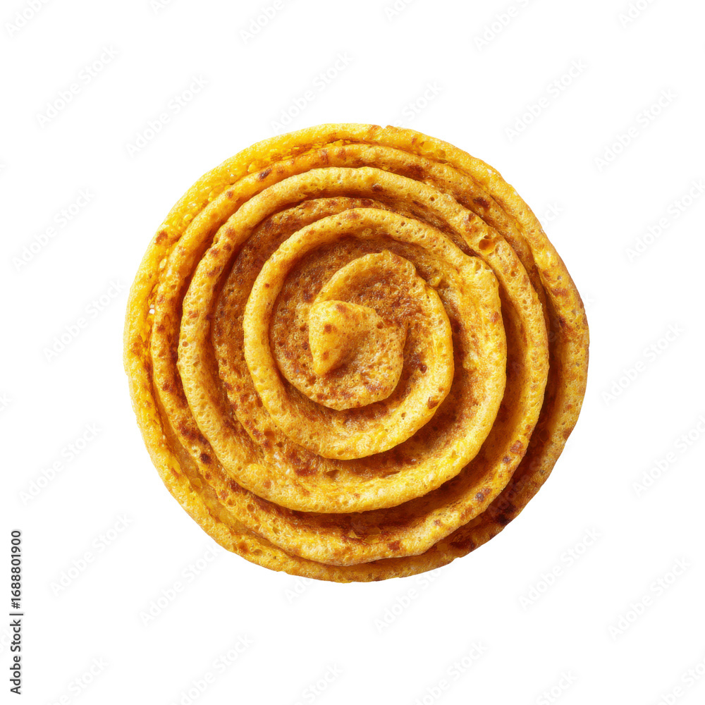 Fototapeta premium Top View of a Single Round, Swirled, Orange-Yellow Flatbread or Pancake