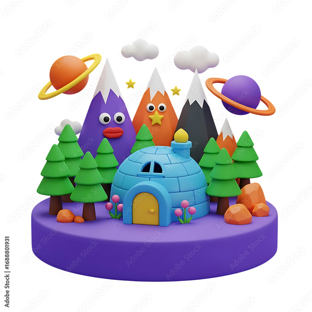 Obraz premium Whimsical claymation scene with cartoon mountains planets trees and a cozy igloo home