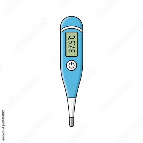 A blue digital thermometer displaying a temperature of 37.5 degrees Celsius on a white background.