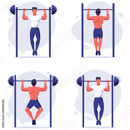 Four men performing different types of pull up and chin up exercises on a horizontal bar