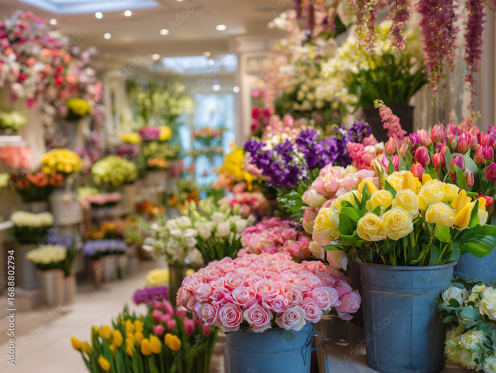 Fototapeta premium Flower Shop Interior with Colorful Bouquets and Fresh Flowers