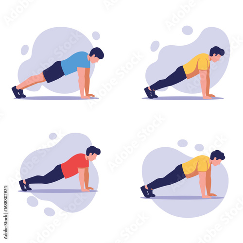 Man performing four different types of push up exercises for strength training and fitness