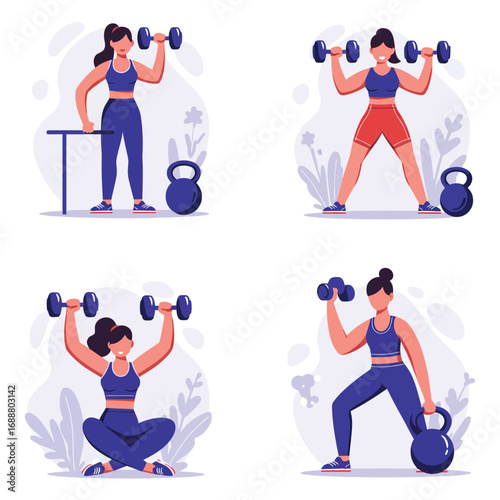 Four diverse women performing various strength training exercises with dumbbells and kettlebells in a gym setting