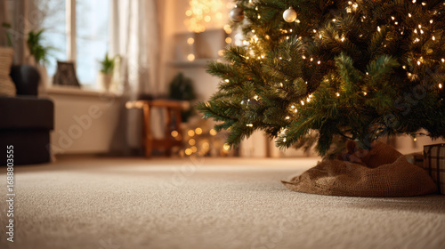 Beautifully decorated Christmas tree with glowing lights stands in cozy living room, creating warm and festive atmosphere. soft carpet and wrapped gifts add to holiday charm