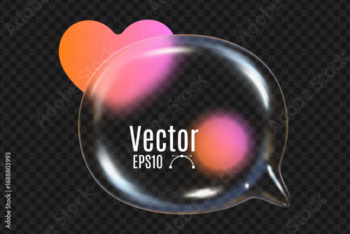 The visual showcases intersecting glass speech bubbles with a transparent texture. Vibrant geometric gradients enhance the glass morphism effect, presenting a modern aesthetic.