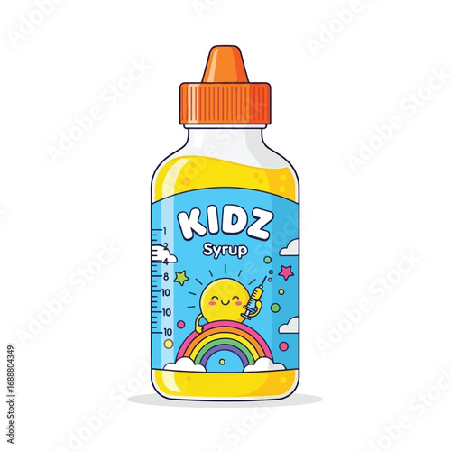 A cartoon illustration of a bottle of yellow children's medicine syrup with a colorful, happy label featuring a sun and rainbow.
