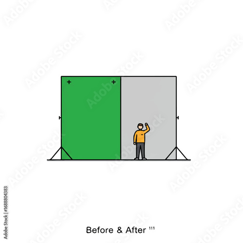 Person standing in front of a green screen and grey backdrop.