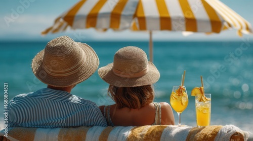 Fototapeta Naklejka Na Ścianę i Meble -  Couple relaxing on beach chairs with refreshing cocktails, enjoying seaside serenity under a sunny umbrella