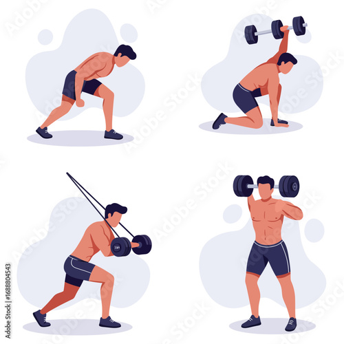 Man performing four different strength training exercises with weights and resistance bands for fitness