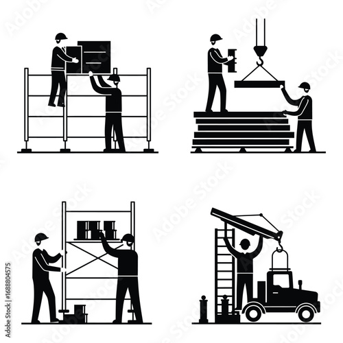 Construction workers collaborating on building sites using scaffolding cranes and heavy machinery for assembly