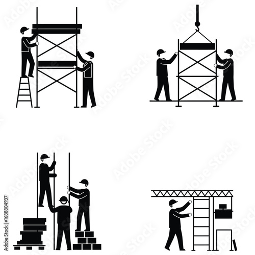 Construction workers assembling scaffolding and lifting heavy materials using industrial equipment and ladders