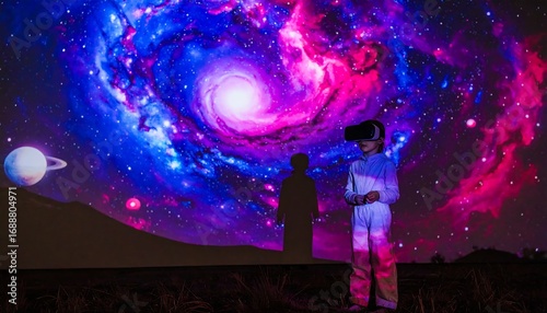 Child wearing VR headset experiences a simulated cosmic scene