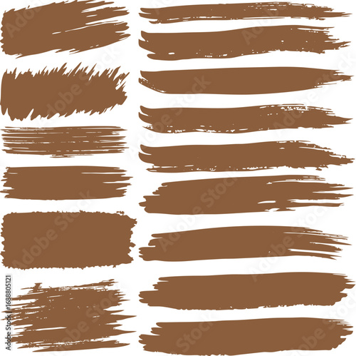 A set of torn paper banners with grunge brush strokes on a brown cardboard texture