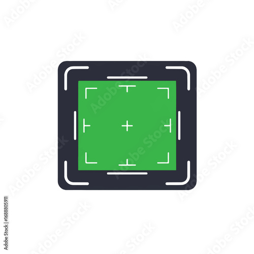 Green screen with crop marks and a crosshair, resembling a digital frame or viewfinder for video production.