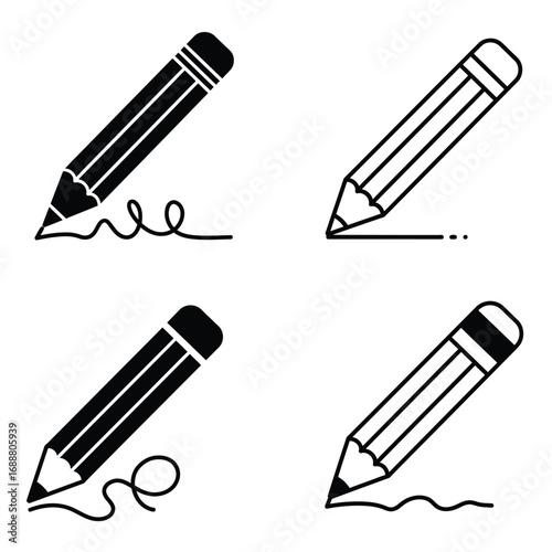 Four simple hand drawn black and white illustrations of pencils writing and drawing lines on a white background