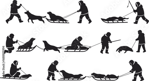 Eskimo dog sledding activities, traditional Inuit transportation, winter arctic exploration, snowy landscape, huskies pulling sleds, indigenous culture, cold weather adventure