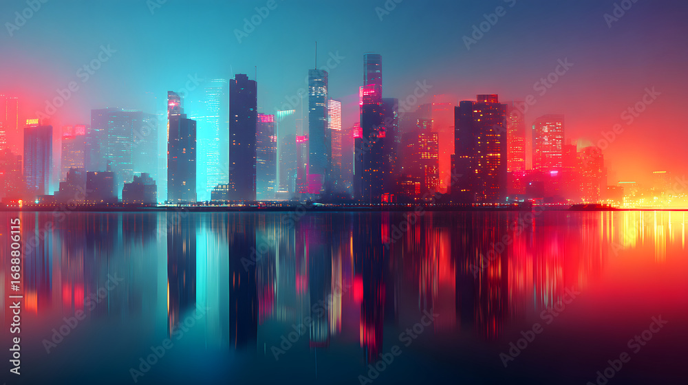 Fototapeta premium A stunning retro-futuristic city skyline reflecting vibrant neon lights in still waters, creating a mystical ambiance.