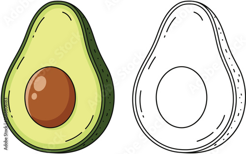 Stylized Avocado Halves: One vibrant and colorful, the other a clean outline for coloring or design, showcasing healthy fruit with a pit.