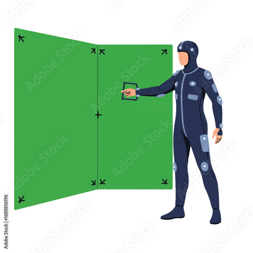 Person in motion capture suit interacting with a green screen for visual effects.