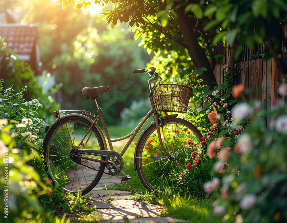 Fototapeta premium Vintage bicycle near garden flowers
