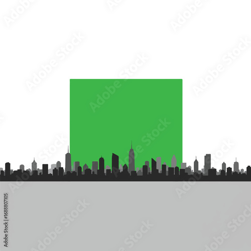City skyline silhouette with a large green screen placeholder above the buildings, ideal for custom content or virtual backgrounds.