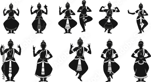 Classical Indian Odissi dance poses, traditional attire, expressive hand gestures, cultural heritage, female dancer, silhouette, spiritual dance, Indian classical art, dance performance.