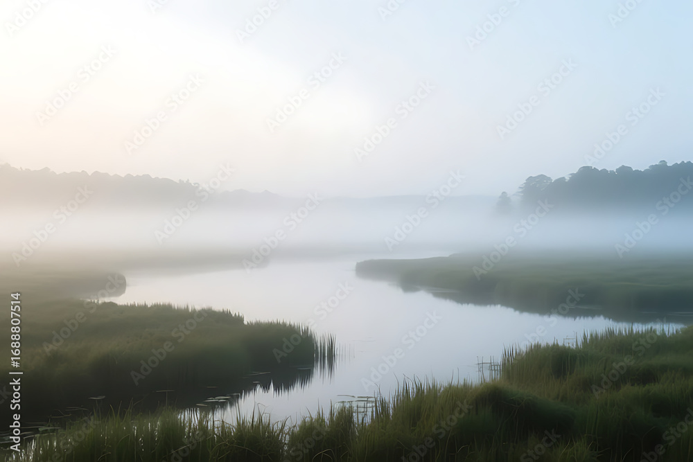 Fototapeta premium Atmospheric balanced habitat background of wetland landscape, misty light, wide copy space, harmonious proportions