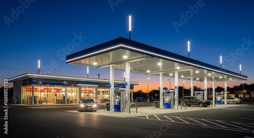 An appealing, well-lit gas station and convenience store stand out against a beautiful twilight sky. The photo captures the modern architecture and clean design of the building and pumps