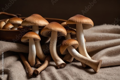 Gruppe brauner Pilze mit weißen Stielen auf Leinentuch – natürliche Pilzsammlung im Detail, organisches Stillleben mit herbstlicher Atmosphäre